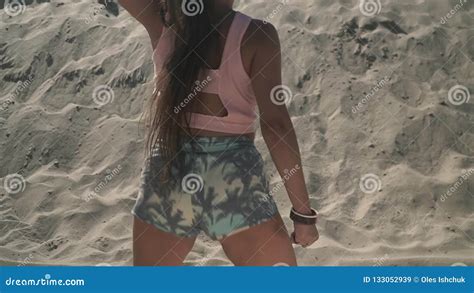 Hot Woman Dancing Twerk At The Beach Tanned Girl Moves Her Standing On The Sand Cute Female Is