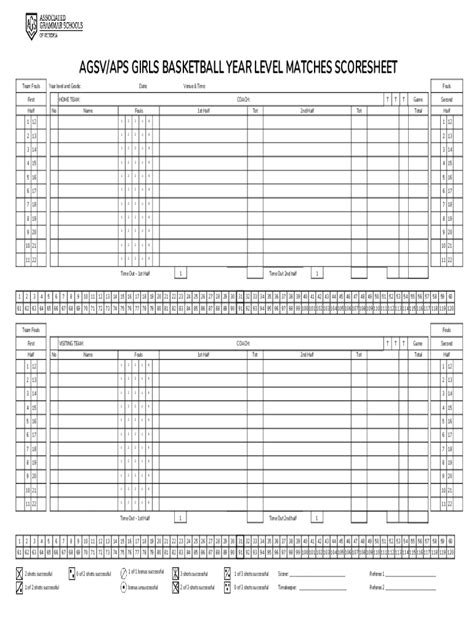 Fillable Online Agsv Aps Girls Basketball Year Level Matches Scoresheet