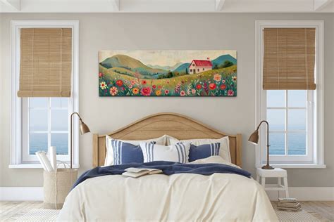 Whimsical Folk Art Painting Countryside Cottage Colorful Flower Field ...