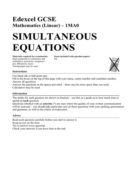 Simultaneous Equations Questions And Answers Edexcel Tessshebaylo