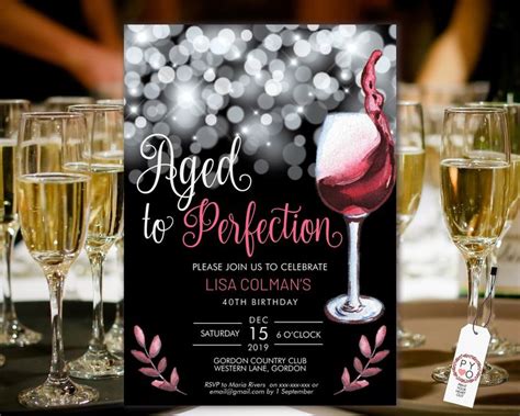 Aged To Perfection Wine Birthday Invitation Printable Template Black