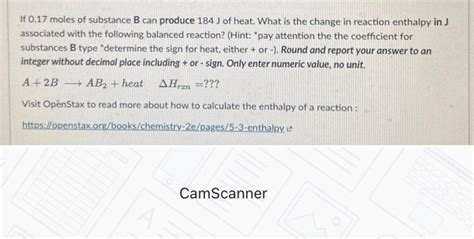 If 0.17 moles of substance B can produce 184 J of | Chegg.com