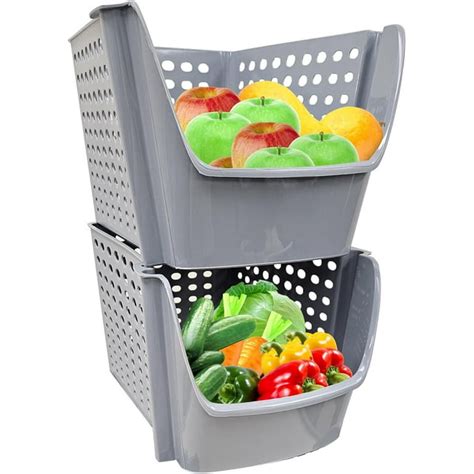 Skywin Plastic Stackable Storage Bins For Pantry 2 Pack Grey