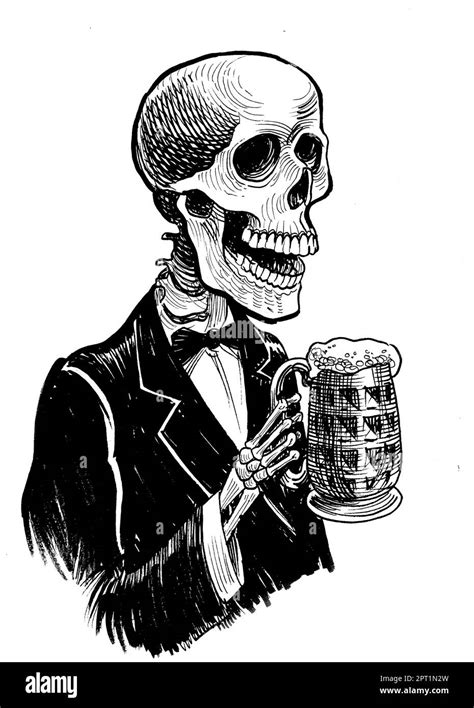 Human Skeleton Drinking Mug Of Beer Hand Drawn Ink On Paper Black And