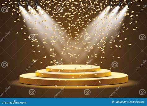 Golden Podium With A Spotlight On A Dark Background With Fog And