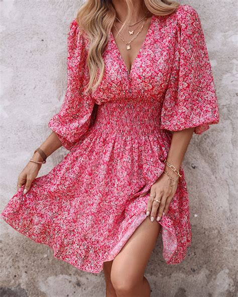 Pink Ditsy Floral Print Lantern Sleeve Ruffles Shirred Dress