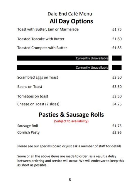 Menu at Dale End Café cafe Coalbrookdale