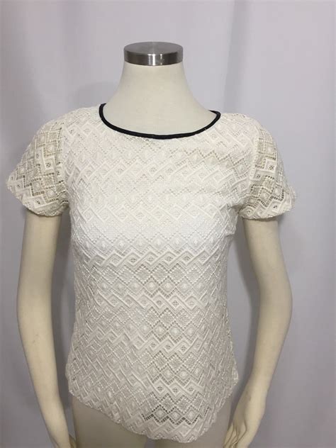 Talbots Ivory Embroidered Crochet Black Trimmed Blous… Gem