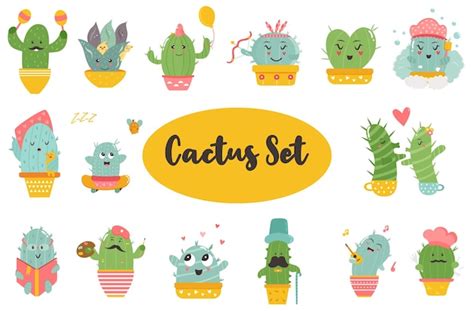 Premium Vector Big Set Of Funny Cacti Characters Different Poses And