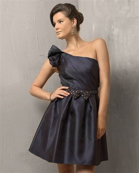 Elegant A Line One Shoulder Short Mini Black Satin Cocktail Evening Dress