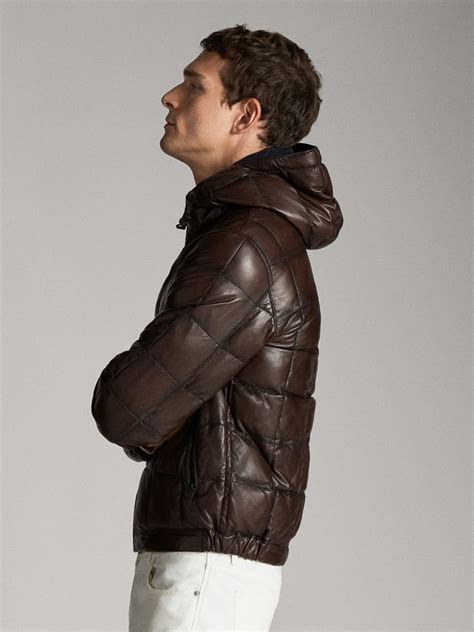 Massimo Dutti Men Reversible Nappa Leather Jacket With Hood Brown