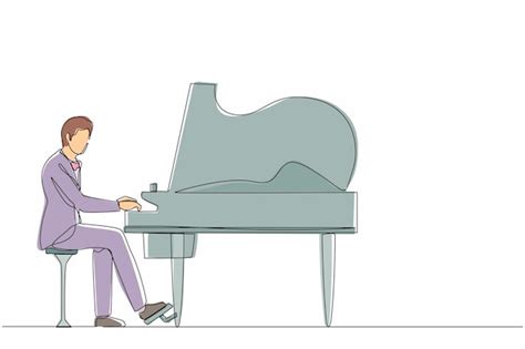 Desenho contínuo de uma linha homem toca piano artista masculino senta