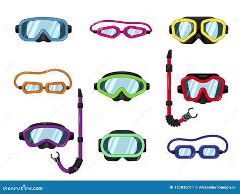 Vector Set Of Goggles Dive Or Scuba Mask With Snorkel For Underwater