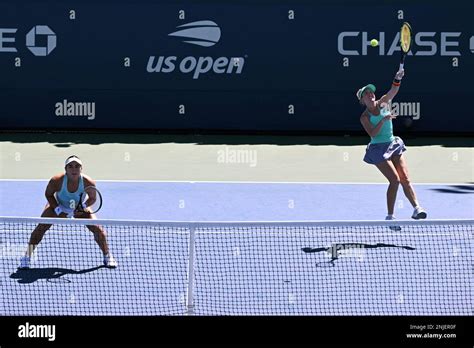 Caroline Dolehide and Storm Sanders during a women's doubles match at ...