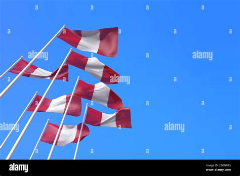 Peru Flags Waving In The Wind Against A Blue Sky 3d Rendering Stock