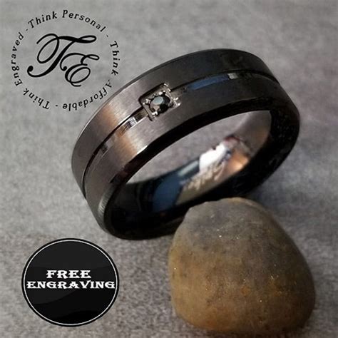 Mens Personalized Promise Ring Engraved Matte Black With Black Gem and ...