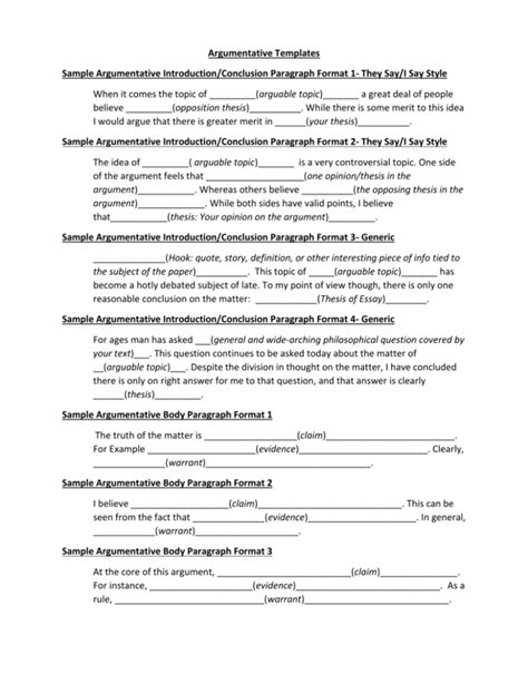 Argumentative Templates Sample Argumentative Introduction