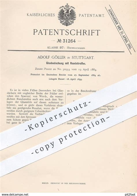 Historische Dokumente original Patent Adolf Göller Stuttgart 1884