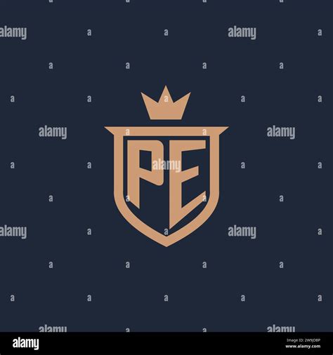 PE Monogram Initial Logo With Shield And Crown Style Design Ideas Stock