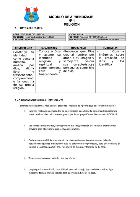 Módulo Religion MODULOS MÓDULO DE APRENDIZAJE Nº 1 RELIGION 1