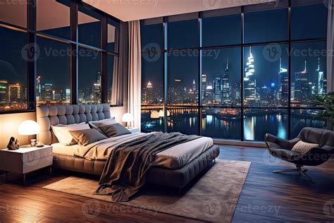 Night scene of Modern contemporary style interior bedroom design with