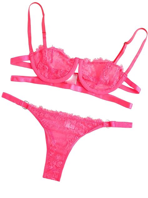 Popiv Women Sexy Lace Lingerie Set Eyelash Bra And Panty Set Mesh Strappy Lingerie Underwear