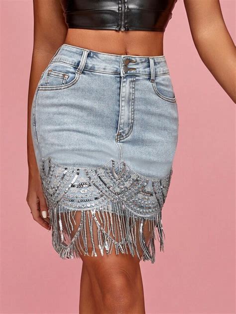 Flap Pocket Sequin Fringe Hem Bodycon Denim Skirt Shein Usa