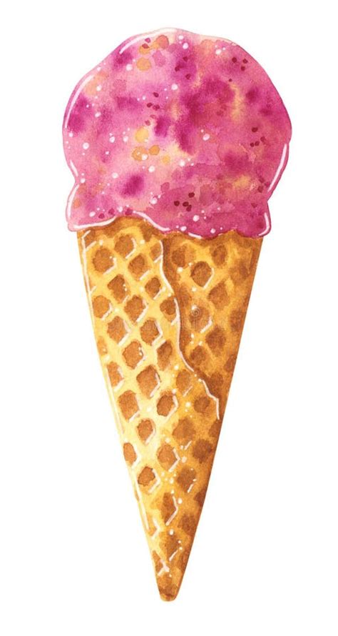 Pink Ice Cream Ball In Waffle Cone Watercolor Illustration Stock