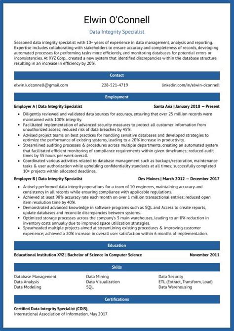 Data Integrity Specialist Resume Cv Example And Writing Guide