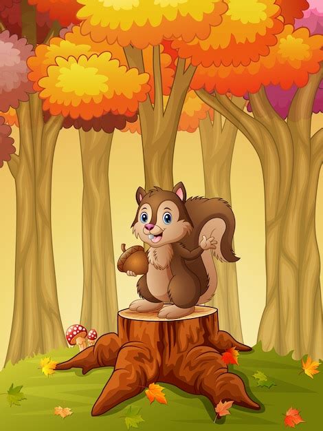 Premium Vector Cartoon Squirrel Holding Acorn In The Forest