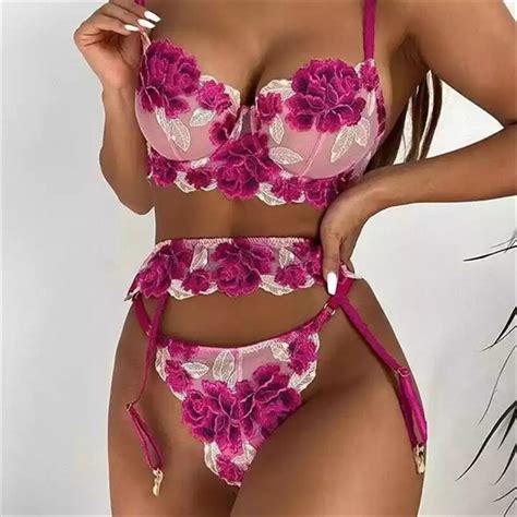 Pink Sheer Floral Applique Accented Lingerie Set Vampal Dresses