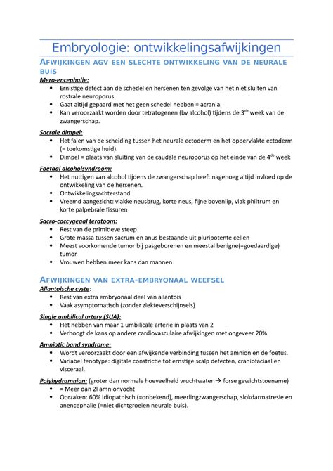 Embryologische Afwijkingen Samenvatting College 1 7 Embryologie