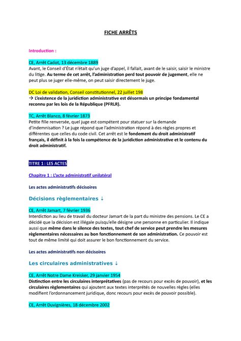 Fiche Arrêt semestre 1 FICHE ARRÊTS Introduction CE Arrêt Cadot