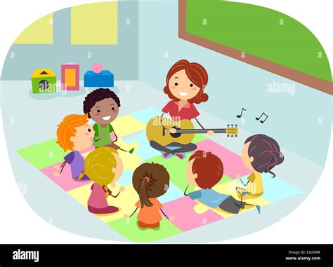 Illustration of Kids Listening to Their Teacher Play the Guitar Stock ...