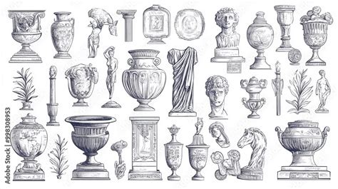 Doodle ancient Roman line stickers, statues and sculptures with vases