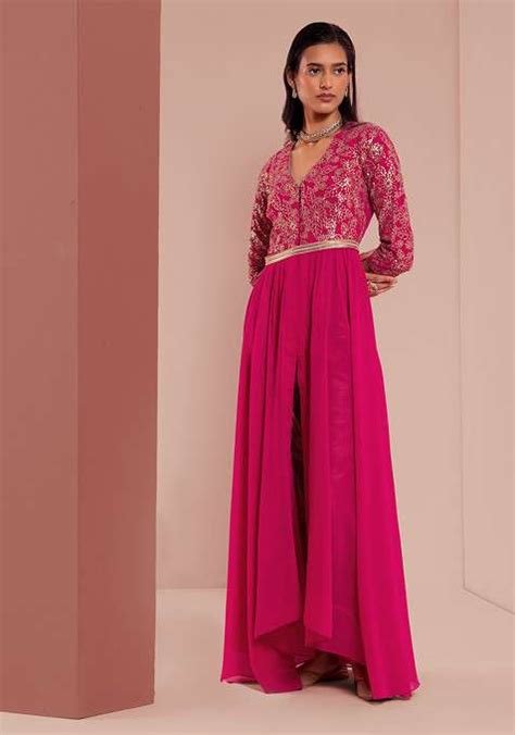 Buy Women Hot Pink Zari Embroidered Front Slit Kurta With Belt Set Of