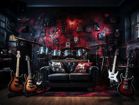 Premium Photo | Rockstar Room Boys With Electric Guitar Band Posters Stage L Illustration ...