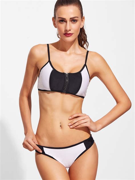 Black And White Color Block Zipper Front Bikini Set Shein Sheinside