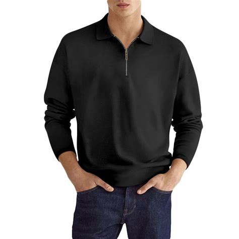 Ddapj Pyju Mens Zip Up Polo Shirts Solid Color Long Sleeve Pullover