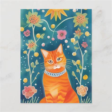 Whimsical Folk Art Tabby Cat Postcard Zazzle