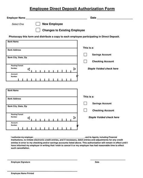 Employee Printable Direct Deposit Form Template