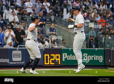 New York Yankees Jake Bauers Right Celebrates With Anthony Volpe