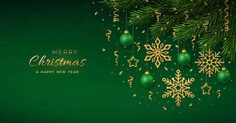 Christmas Background With Hanging Golden Snowflakes And Green Balls