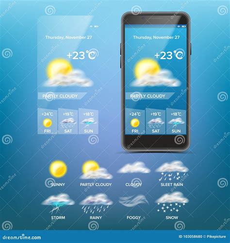 Weather Forecast App Vector Weather Icons Set Blue Background Mobile