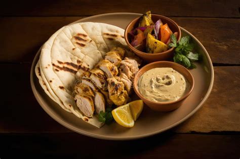 Plate Of Chicken Shawarma With Pita Hummus And Tahini Sauce Stock