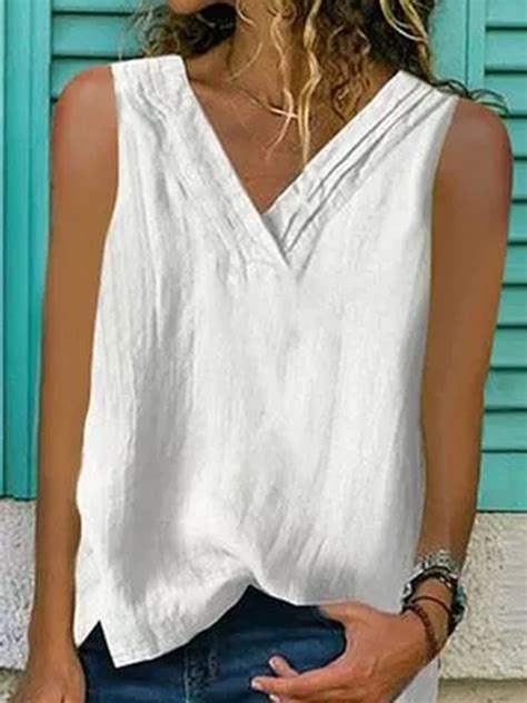 Women Summer Loose Solid V Neck Basic Sleeveless Tank Top Roselinlin