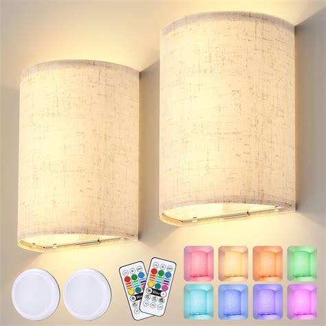 Set Wall Sconce Lighting Decor With Fabric Linen Shade Remote Control