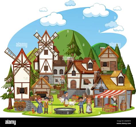 Medieval village with windmill and villagers illustration Stock Vector ...