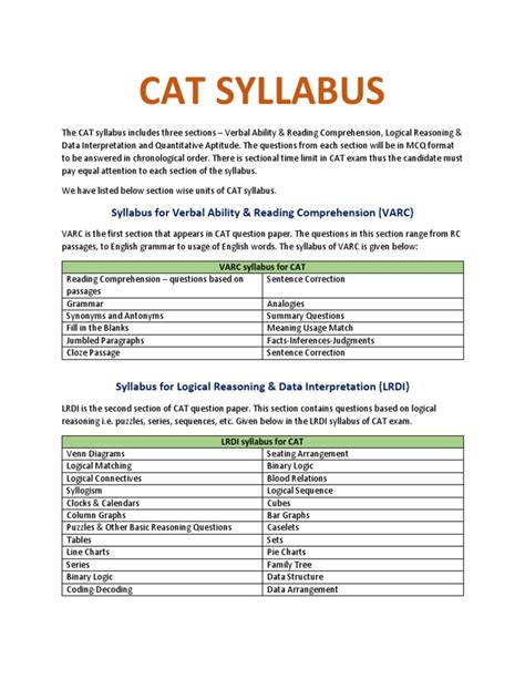 Cat Syllabus Syllabus For Verbal Ability And Reading Comprehension Varc