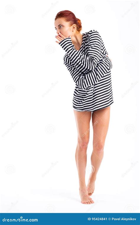 Beautiful Slim Naked Woman Isolated On White Stripes T Shirt Stock